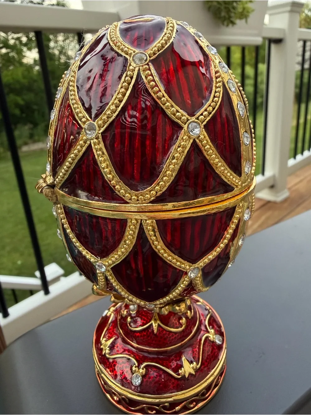 Russian-Styled Red Enamel Fabergé Decorative Egg Trinket Music Box